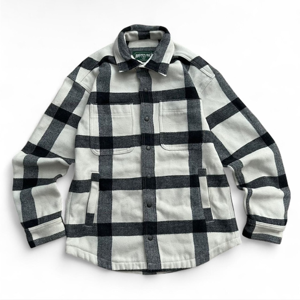American Eagle Plaid Flannel Shacket Jacket S Gray Black White Snap Front Women